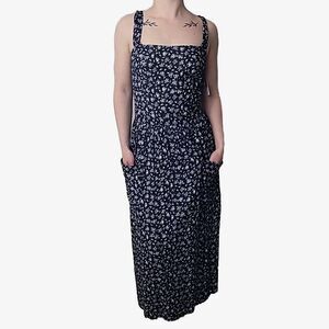 Hearts Vintage Size 5/6 Maxi Dress Navy Blue W/ White Floral Print Cottage Core